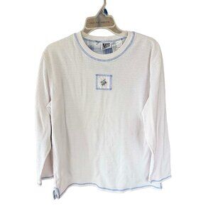 Mixed Blues White Waffle Knit Thermal Top Blue Gingham Trim Cottagecore Y2K Med
